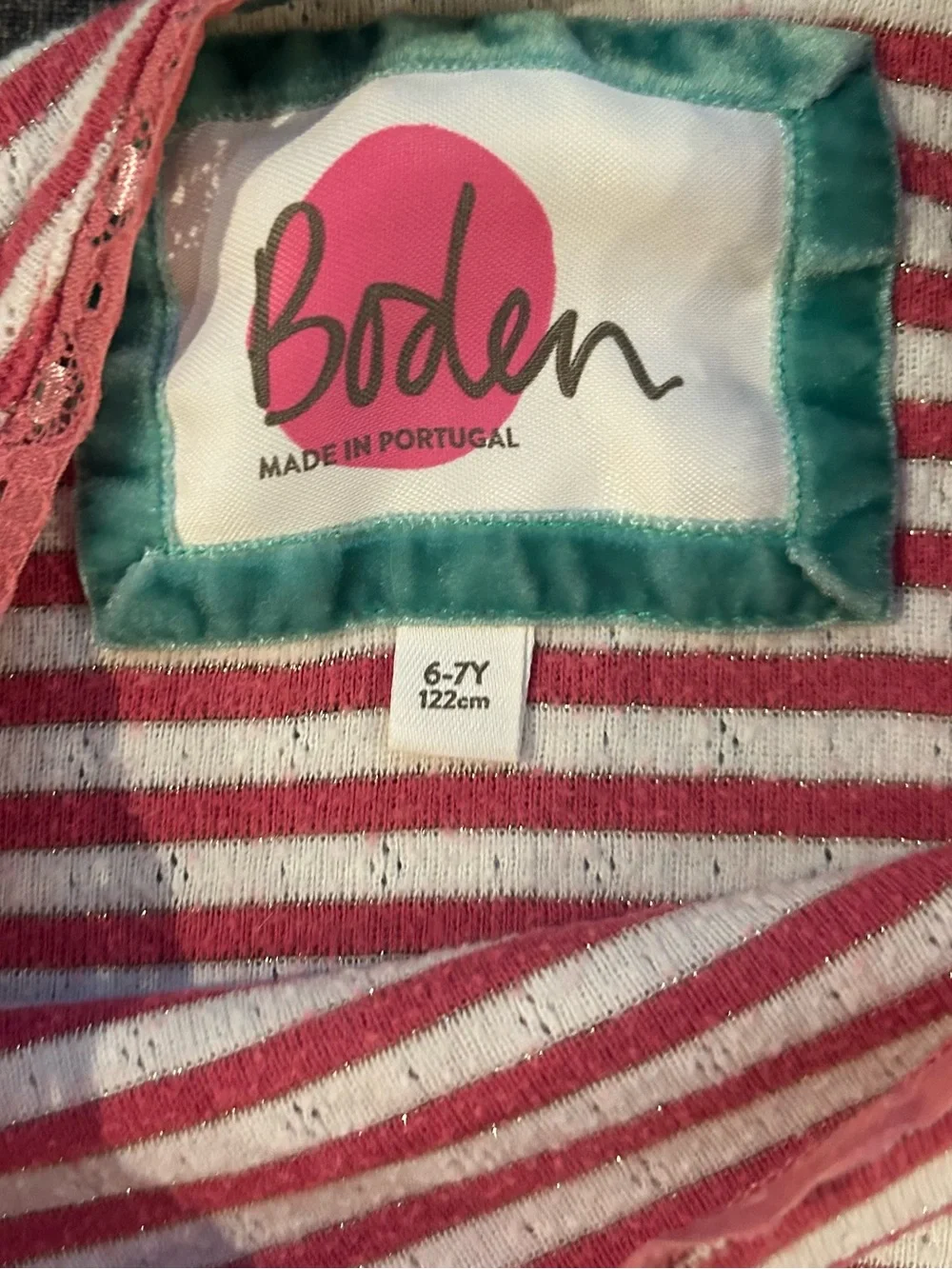 Boden Red and Whire Striped Long-Sleeve Pointelle Tee Size 6-7 YRS